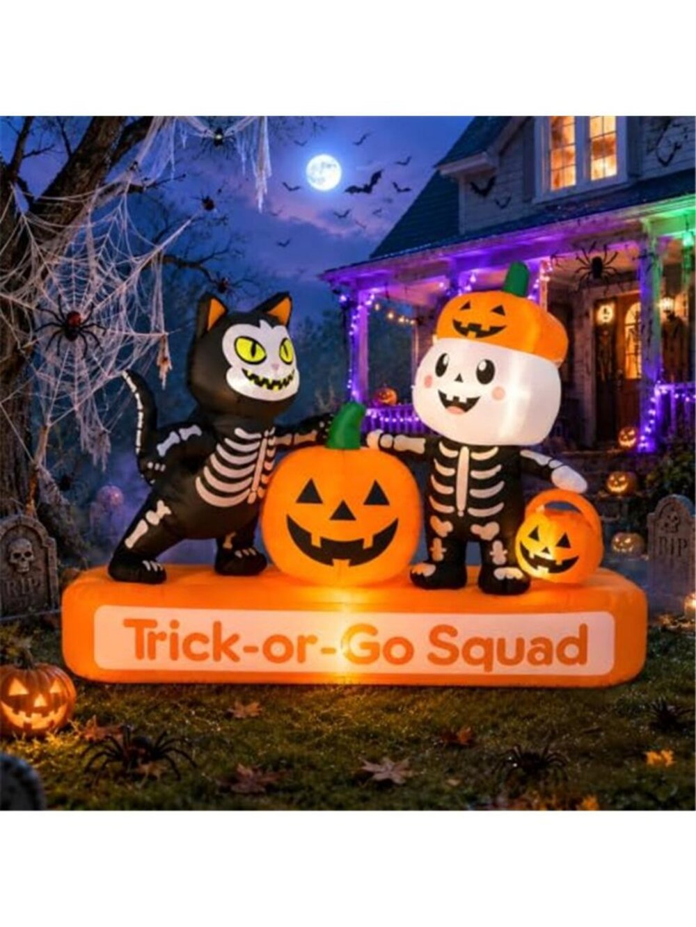 7FT Halloween Inflatables Trick-or-Treat Squad with Skeleton, Cat & Pumpkin